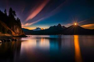 el Dom es brillante terminado un montaña rango y lago. generado por ai foto