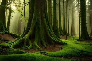 a green forest with trees and moss. AI-Generated photo