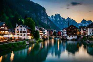 el hermosa pueblo de Suiza a oscuridad. generado por ai foto