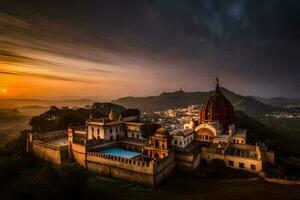 the sunset over the temple in india. AI-Generated photo