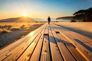 a man walking on a wooden boardwalk in the desert. AI-Generated photo