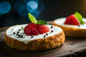 two small cakes with strawberries and cream on a wooden table. AI-Generated photo