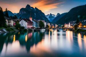 the beautiful town of switzerland at sunset. AI-Generated photo