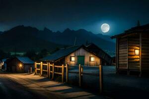 a moonlit road in the mountains with a wooden fence and a few houses. AI-Generated photo