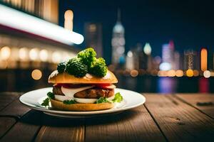 a hamburger with broccoli on a plate in front of a city skyline. AI-Generated photo