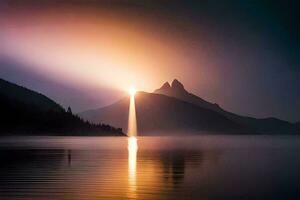 a mountain with a light shining through the fog. AI-Generated photo