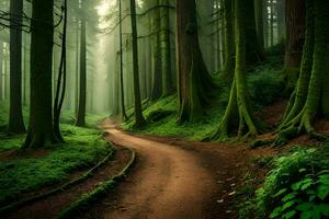 a path through a green forest with trees. AI-Generated photo