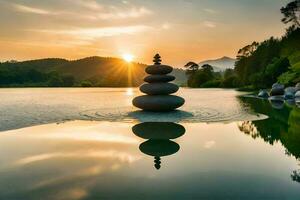 a stack of stones in the water at sunset. AI-Generated photo