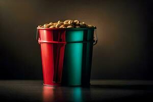 a red and green bucket filled with peanuts. AI-Generated photo
