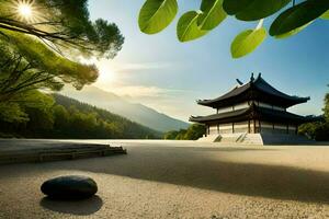 a pagoda in the middle of a field with a rock. AI-Generated photo