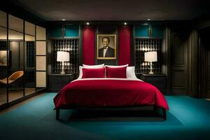 a bedroom with a red bed and blue carpet. AI-Generated photo