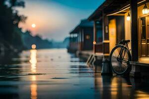 a bicycle is parked on the side of a river. AI-Generated photo
