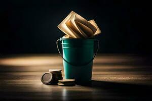 a green bucket with a folded piece of paper in it. AI-Generated photo