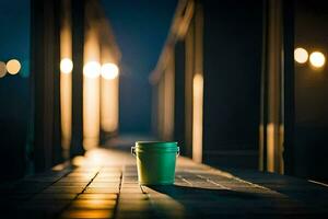 a green cup sitting on a walkway at night. AI-Generated photo