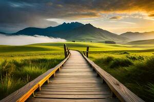the boardwalk in the mountains. AI-Generated photo