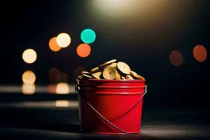 a red bucket filled with coins on a table. AI-Generated photo