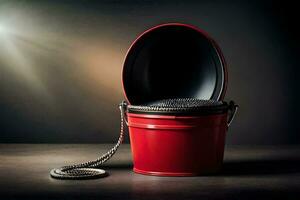 a red bucket with a chain and a chain. AI-Generated photo