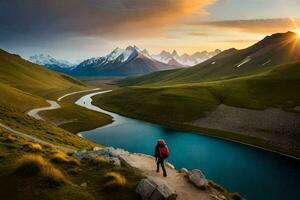 a person standing on a path overlooking a lake and mountains. AI-Generated photo