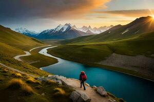 a person standing on a path overlooking a lake and mountains. AI-Generated photo