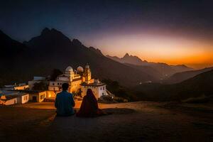 the two people are sitting on the ground in front of a mosque. AI-Generated photo