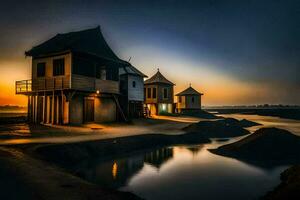 un casa se sienta en el apuntalar de un río a puesta de sol. generado por ai foto