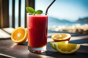 a glass of red juice with an orange slice and mint. AI-Generated photo