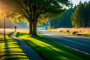 a road with trees and grass in the foreground. AI-Generated photo