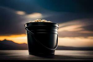 a bucket of popcorn on a table. AI-Generated photo