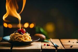 spaghetti on a plate with fire. AI-Generated photo