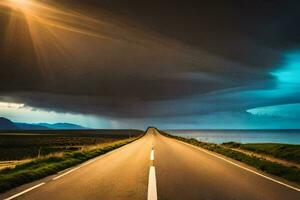 a long road with a stormy sky and sun shining. AI-Generated photo