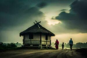 a family walks towards a hut in the middle of a road. AI-Generated photo