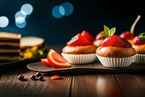 small cakes with strawberries and bread on a wooden table. AI-Generated photo