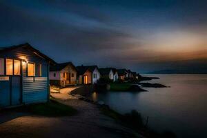 a row of wooden houses on the shore at dusk. AI-Generated photo