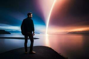 a man standing on a rock looking at a rocket. AI-Generated photo