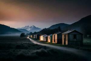 a road leading to a small village with houses and mountains in the background. AI-Generated photo