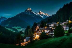 photo wallpaper the sky, mountains, trees, houses, village, night, mountains, alps. AI-Generated