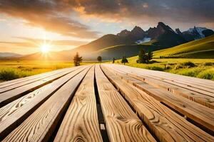 a wooden walkway leads to a mountain range. AI-Generated photo