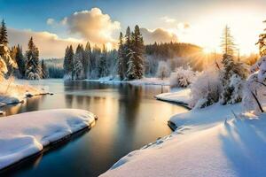 photo wallpaper the sky, snow, trees, river, sun, river, winter, trees,. AI-Generated