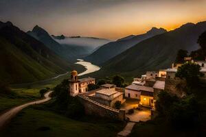 foto fondo de pantalla el cielo, montañas, río, atardecer, el aldea, río, el aldea,. generado por ai