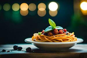 a plate of pasta with tomato sauce and basil leaves. AI-Generated photo