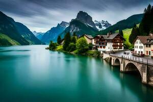 un hermosa lago y montaña rango en el antecedentes. generado por ai foto