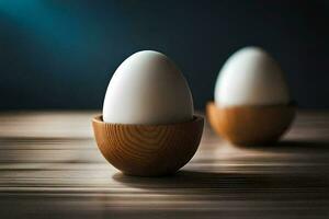 dos huevos en de madera bochas en un mesa. generado por ai foto