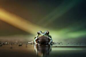 a frog sitting on the ground with a bright light. AI-Generated photo