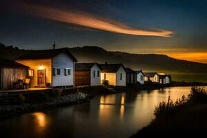 casas en el río a puesta de sol. generado por ai foto