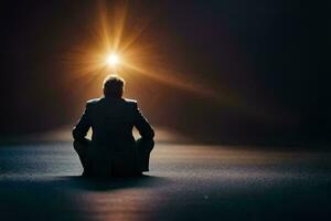 a man sitting in the middle of the road with a bright light shining on him. AI-Generated photo