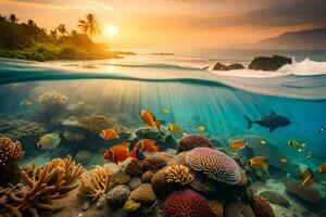 the sun sets over a tropical reef and fish. AI-Generated photo