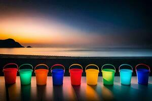 colorful buckets on the beach at sunset. AI-Generated photo