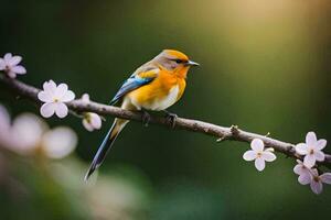 un pequeño pájaro se sienta en un rama con flores generado por ai foto