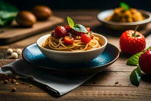 spaghetti with tomato sauce and fresh strawberries on a wooden table. AI-Generated photo