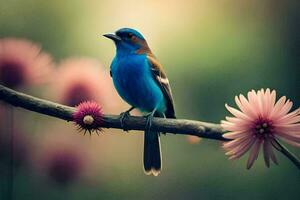 un azul pájaro se sienta en un rama con rosado flores generado por ai foto